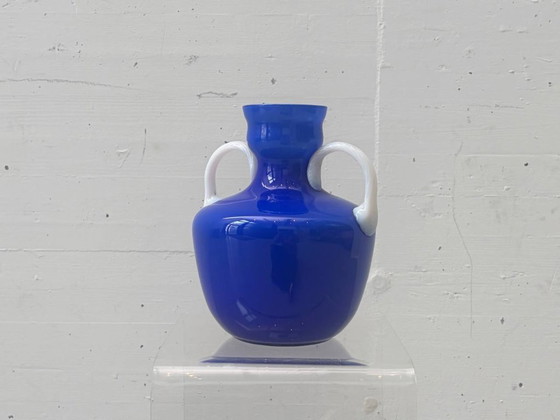 Image 1 of Handle vase made of blue opal glass by Opalina Fiorentina, Italy, 1960s