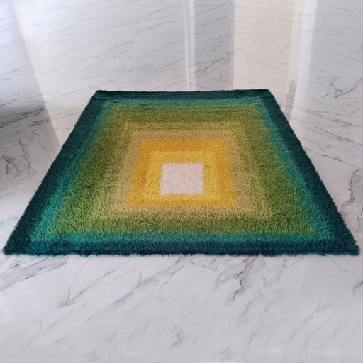 1970s Mid-Century Modern "Homage to the Square" Shag Rug – Geometric Op-Art Textile / Wall Tapestry