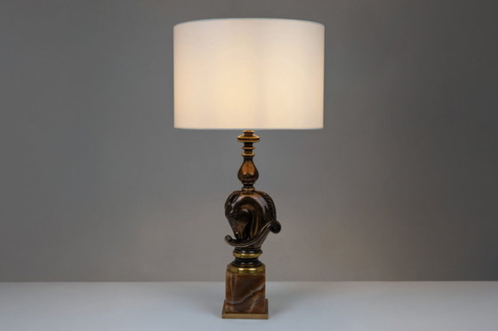 Image 1 of Maison Charles. Lamp in de vorm van een paardenbuste, uitgevoerd in gepatineerd brons. Jaren 70.