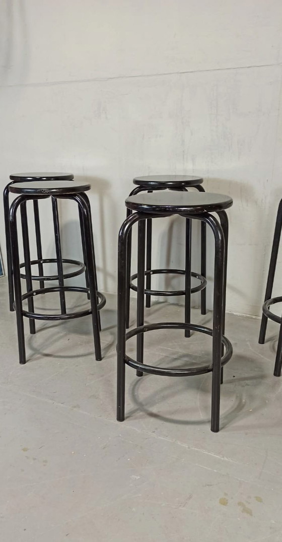 Image 1 of 5 x vintage black round bar stools 