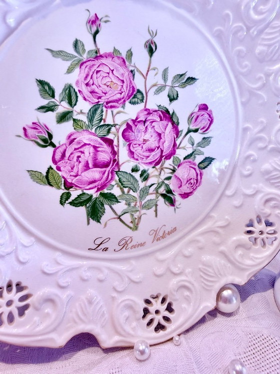 Image 1 of Vintage Crown Davenport Porcelain Plate Set – 6 Floral Decorative Plates – Shabby Chic Cottage Style