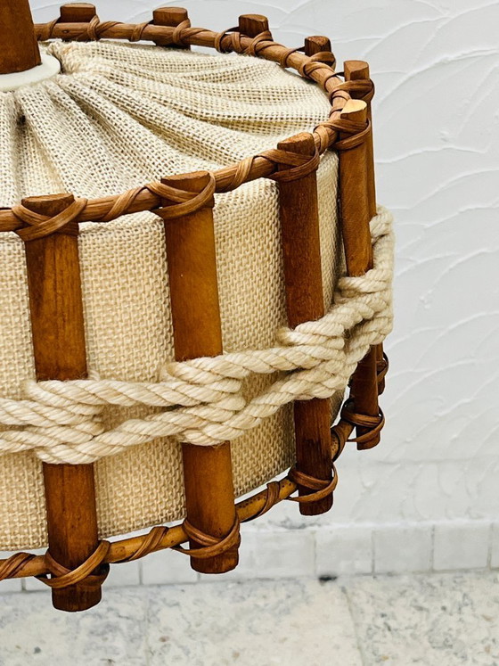 Image 1 of Scandinavian pendant light made of wood and jute canvas