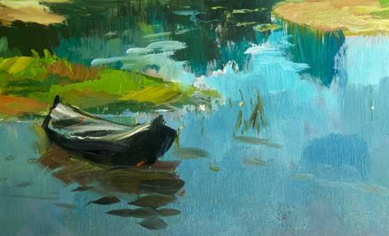 Image 1 of Peinture à l'huile originale représentant un paysage lacustre côtier. Temps chaud idéal pour la pêche.