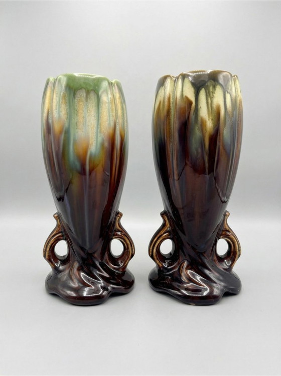 Image 1 of Paar Art-Deco-/Mid-Century-Vasen – Belgisches Steingut (Thulin zugeschrieben) – Engobenglasur – 28 cm