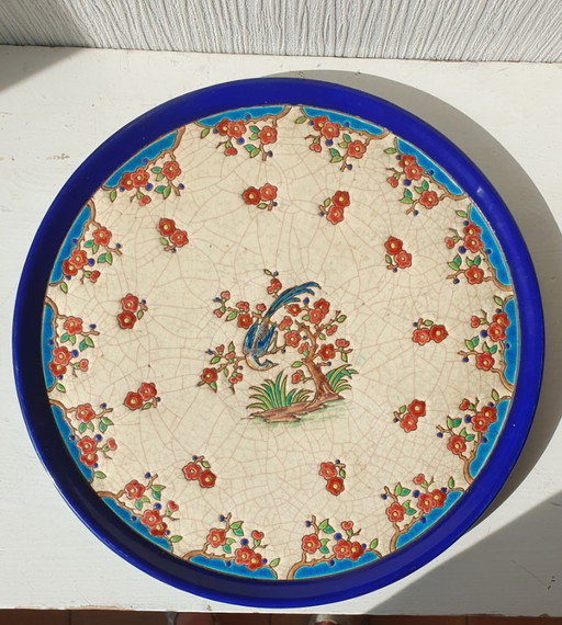 Grande Assiette / Assiette Murale Émaux De Longwy – 37 Cm – Milieu 20ème Siècle – decoratieve objecten, Ceramic