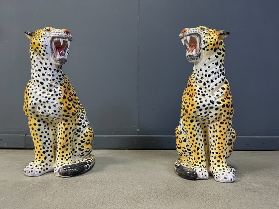 Image 1 of Pair of Italian Glazed Terracotta Leopard Figures, 1960s