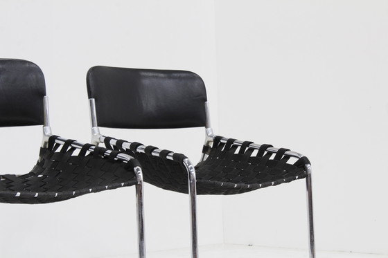 Image 1 of Vintage Italiaanse stoelen zwart leer en chroom, jaren 70