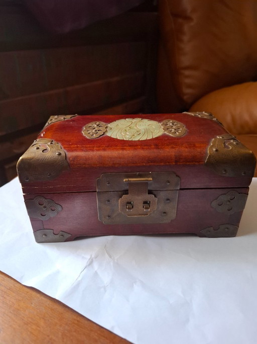 Vintage Chinese Rosewood Musical Jewelry Box with Jade & Brass (Shanghai, 1970s)
