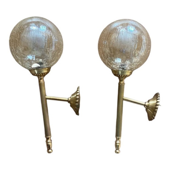Pair of antique brass torch-style wall sconces with vintage gold crackled glass globes – Wall lights (photo 9 of 9)