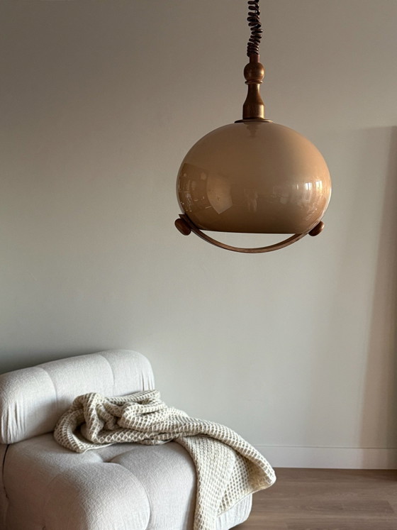 Vintage 70s design pendant lamp – Space Age – Plastic, Wood (photo 3 of 14)