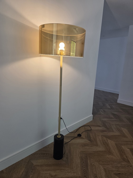 Image 1 of Elegant Modern Floor Lamp with Marble Base & Gold Shade