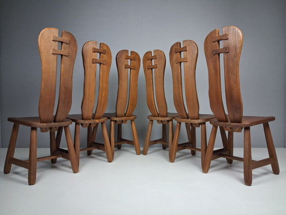 Set van 8 Vintage Brutalistische Stoelen De Puydt, Jaren 60 - 70 – Merk onbekend, Eetkamerstoelen, Wood (photo 6 of 10)