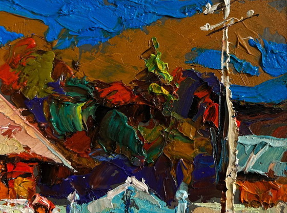 Image 1 of Original Oil Painting Summer Village Landscape Relaxing on a bench