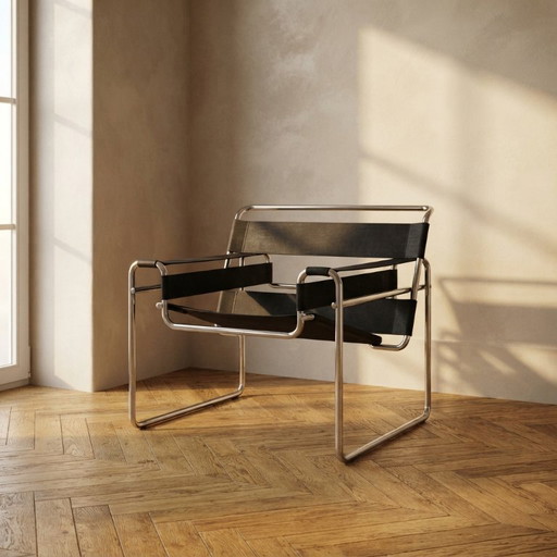 Vintage B3 Wassily-stoel van Marcel Breuer voor Knoll International, zwart leer, jaren 80, 65 x 78 x 74 cm (photo 2 of 8)