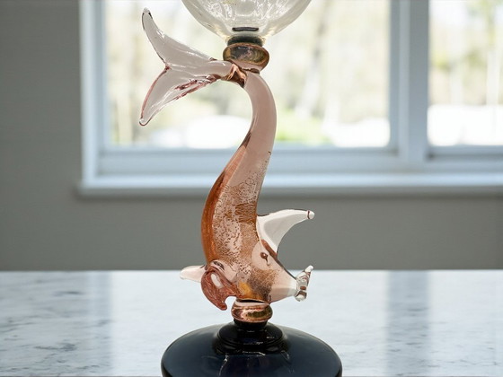 Image 1 of Murano - Artistic chalice - Blown glass with pink dolphin stem and blue base, signed