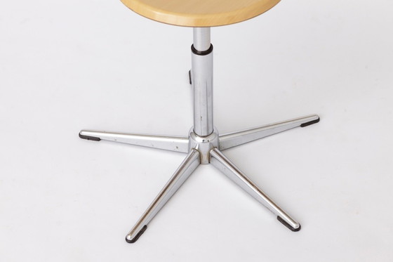 Image 1 of Set of 4 Vintage Industrial Stools 1970s, Chrome Adjustable Stools with Pagholz Seats, Mid Century Stools