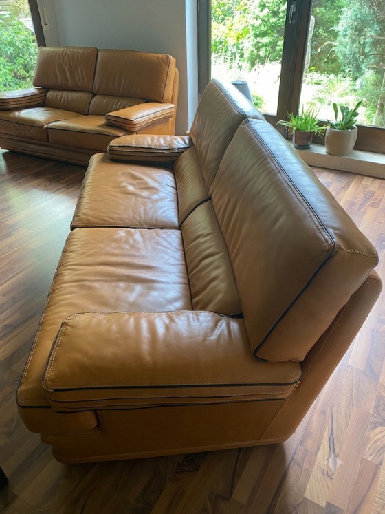 Image 1 of Roche Bobois Design Leder-Sitzgarnitur (3er, 2er & Sessel) – Cognac / Havanna-Braun