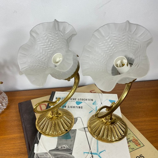 Pair of antique brass gooseneck wall sconces with vintage glass tulip shades – wandlampen (photo 2 of 9)