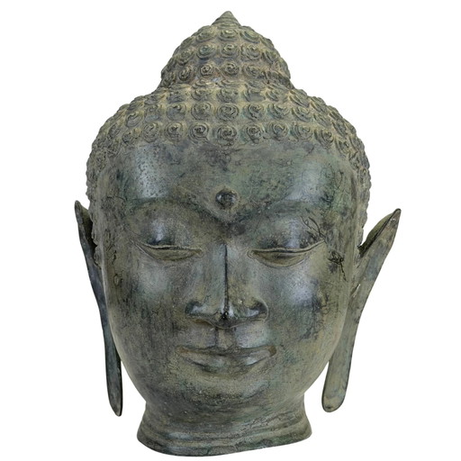 Patinated Bronze Buddha Head in U Thong Style – Thai Art 27 cm