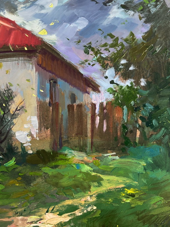 Image 1 of Peinture à l'huile originale, paysage rural, puits de village d'été