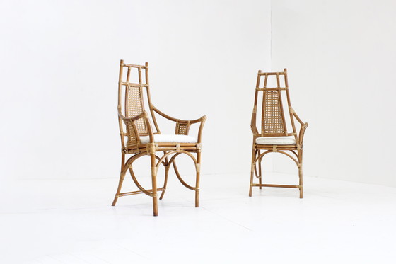 Image 1 of Fauteuils vintage en rotin avec coussins bouclés 1970