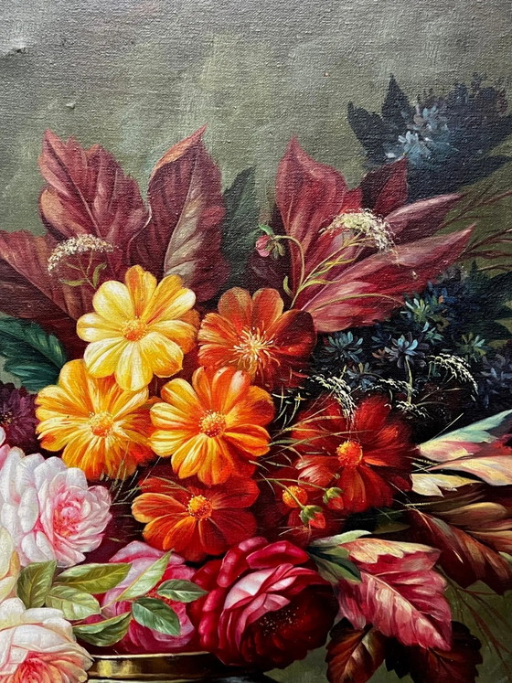 Still life signed with flowers and fruits. Oil on canvas., Paintings & Drawings (photo 9 of 11)