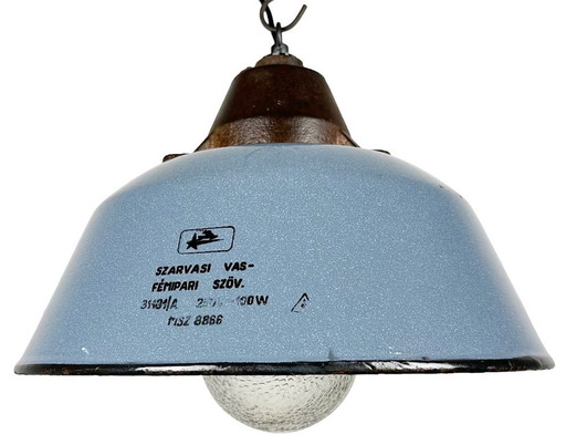 Industrial Grey Enamel and Cast Iron Pendant Light with Glass Cover, 1960s