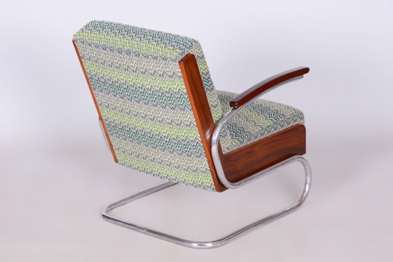 Gerestaureerde art-deco fauteuil, beuken, sparren, walnoot, chroom, Tsjechisch, jaren 1930 – Textile, Wood (photo 4 of 14)