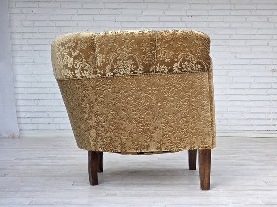Image 1 of 1960s Danish Vintage Armchair, Green Furniture Velour, Ash Wood Legs