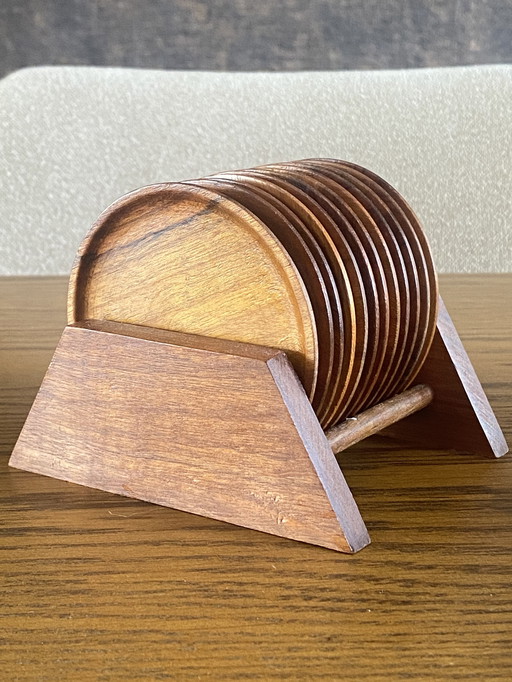 Vintage Teak Coasters in Holder Scandinavian