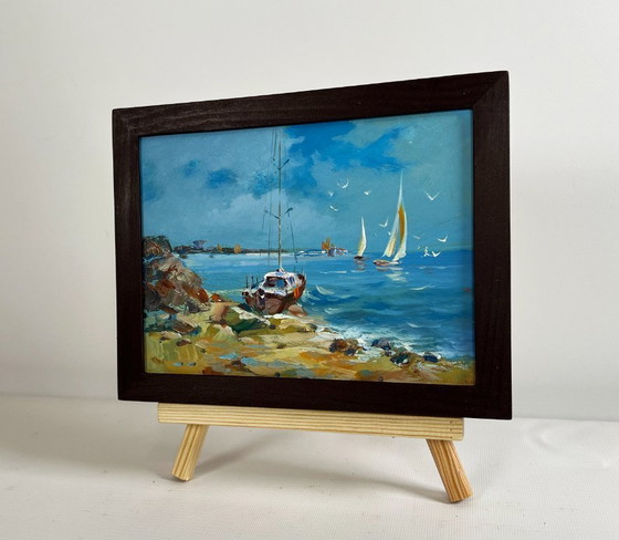 Image 1 of Origineel olieverfschilderij: Zomers zeegezicht, voorbereiding op een zeereis.
