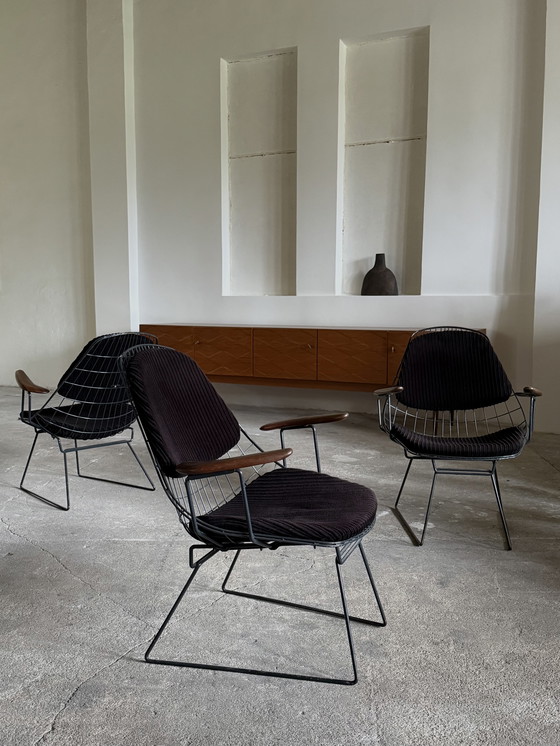 Image 1 of CEES BRAAKMAN & ADRIAAN DEKKER PER PASTOE “FM 06 WIRE CHAIR” SEDIA TEAK CORDA VELLUTO METALLO ANNI '50