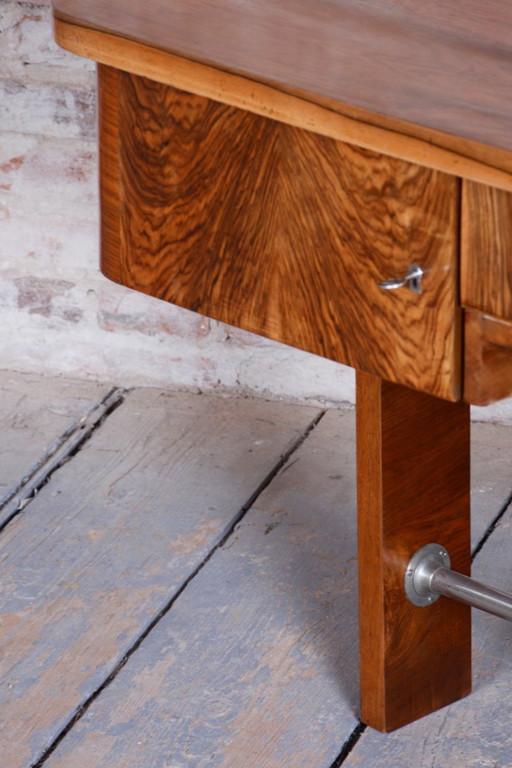 Restored Art Deco Writing Desk, By UP Závody, Walnut, Repolished, Czech, 1930s – bureau, Metal, Wood (photo 2 of 19)
