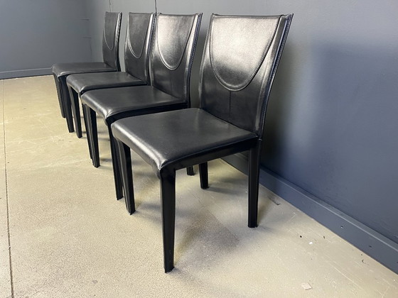 Image 1 of Black leather dining chairs by Arper italy, 1980s - set of 4