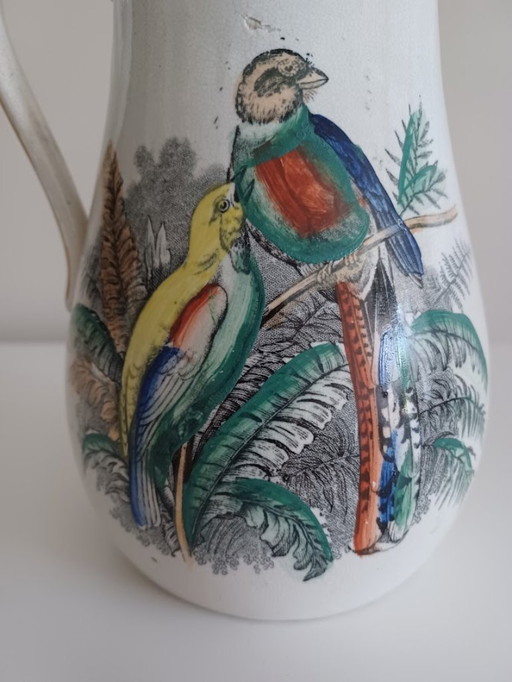 Pichet vintage en céramique avec décoration d'oiseaux peinte à la main - Europe du Sud