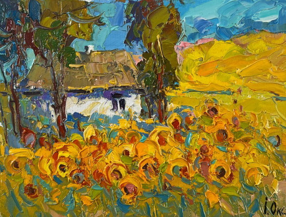 Image 1 of Original Oil Painting Summer Flowers Landscape Lush sunny fields
