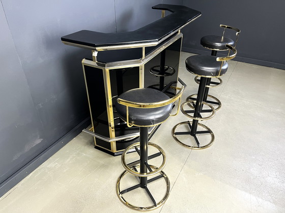 Image 1 of Hollywood Regency Bar with Three Stools, 1970s
