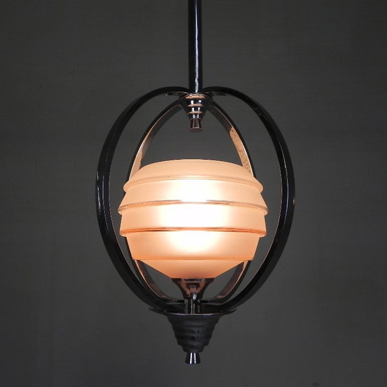 Image 1 of Art Deco pendant lamp with glass shade in a chrome frame, 1930s