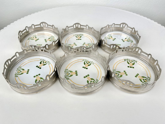 Image 1 of Set di 6 sottobicchieri rotondi antichi in porcellana bianca Art Déco di Chris van der Hoef