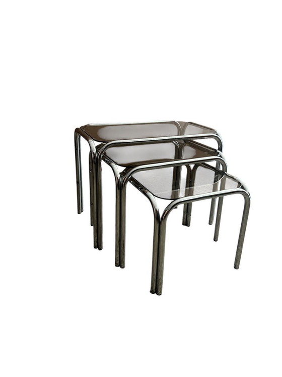 Image 1 of Vintage Chrome Nesting Tables with Smoked Glass | Set of 3 | Space Age Side Tables | 1970s Modernist Design