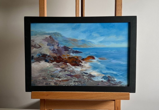 Original Oil Painting Sea Waves Landscape Sea waves are beating against the shore