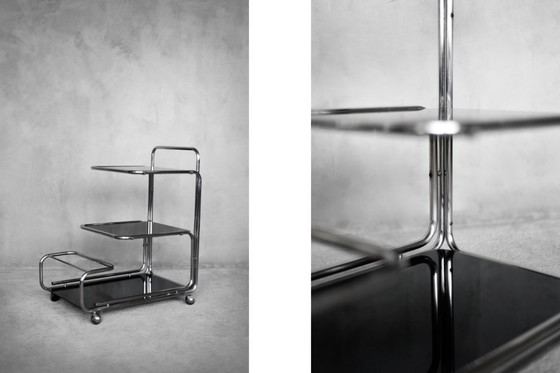 Image 1 of Vintage Mid-Century German Modern Bauhaus Chrome & Glass Serving Trolley or Bar Cart, 1960s