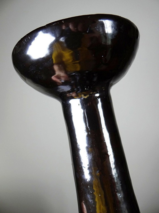 Image 1 of Grote Biot-kandelaar van zwart geglazuurd aardewerk, voorheen een lampvoet, jaren 60.