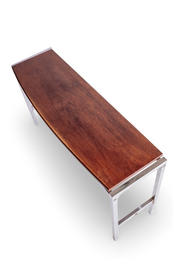 Image 1 of Table d'appoint vintage avec cadre chromé et plateau flottant en bois