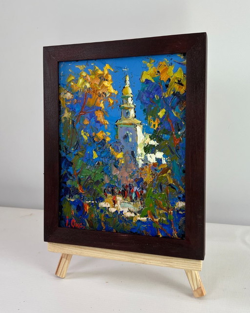 Original Oil Painting Summer Village Landscape Church in the embrace of nature