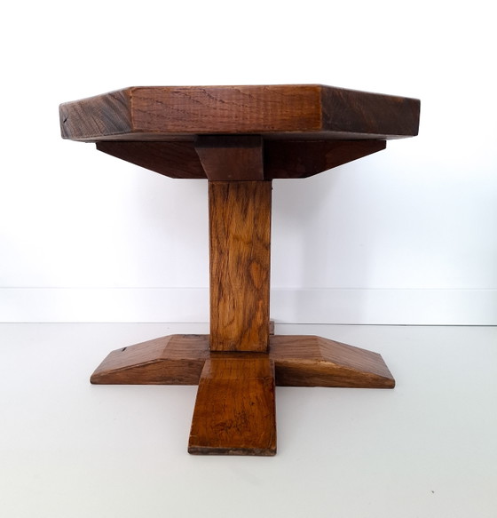 Vintage Brutalist Bijzettafel Eikenhout 8 Hoekig – Wood (photo 2 of 7)