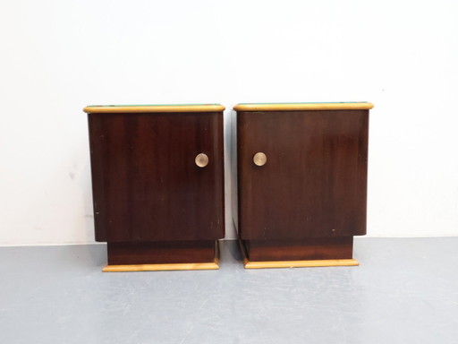 Mesitas de noche vintage / madera cristal / marrón rojizo / pomo de latón