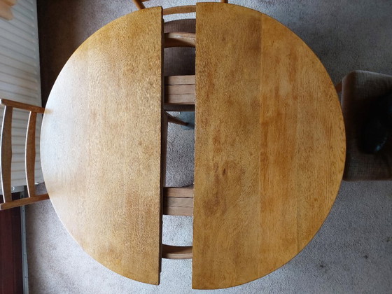 Vintage Handgemaakt Volledig Massief Houten Uitschuifbare Ronde Eettafel Jaren 50/60 Mid Century Modern Stijl (photo 4 of 10)