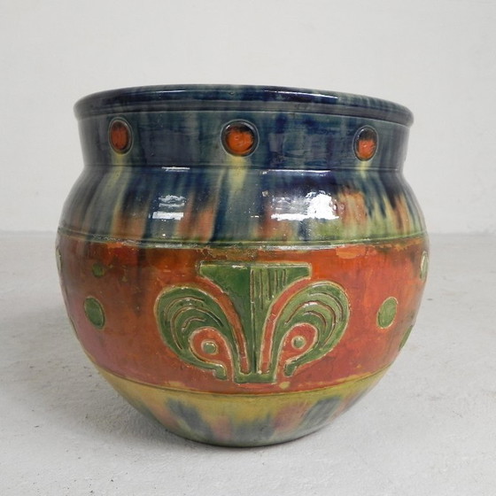 Image 1 of Flemish flowerpot on pedestal, ceramic, 1920s