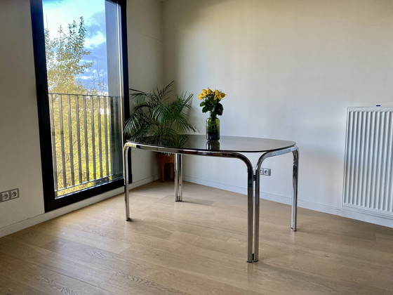 Image 1 of Vintage Space Age Dining Table With Chrome Tube Frame & Smoked Glass